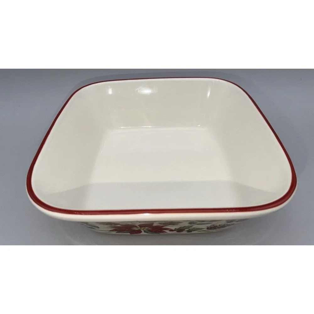 Longaberger Christmas Casserole Dish Poinsettia Pinecone Square 9.5